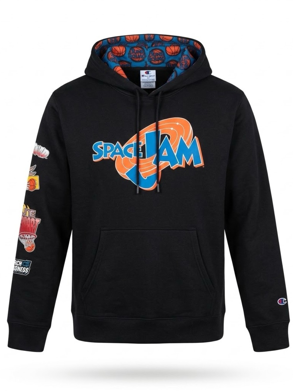 Champion Black Space Jam Graphic Pullover Hoodie with Orange & Blue Logo